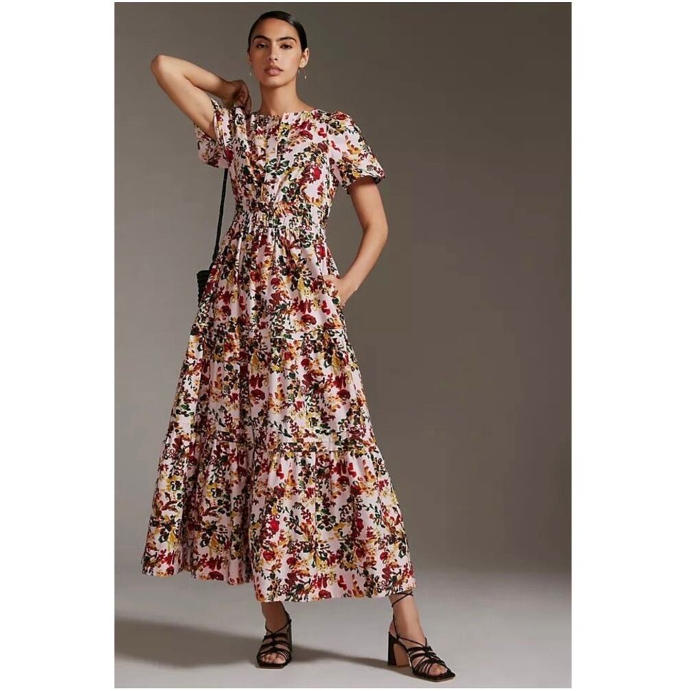 Anthropologie Dress Womens Medium Pink Green Floral Somerset Maxi Romantic Boho